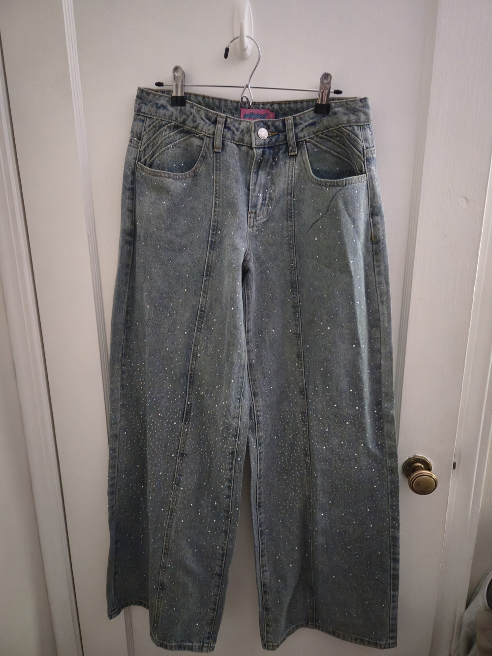 Edikted Faded Blue Wide-Leg Jeans with Sparkle Rhinestones